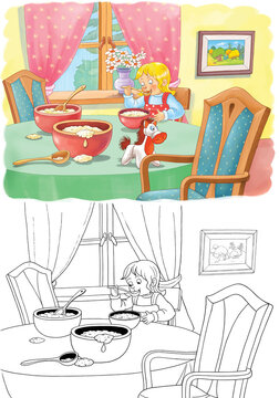 Goldilocks and the three bears. Fairy tale.  One picture from series. Coloring book. Educational book. Illustration for children. Cute and funny cartoon characters