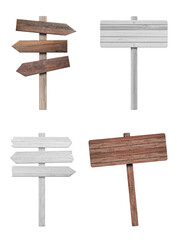 4 various wooden sign isolated on white background. Object with clipping path.