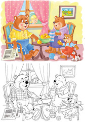 Obraz na płótnie Canvas Goldilocks and the three bears. Fairy tale. One picture from series. Coloring book. Educational book. Illustration for children. Cute and funny cartoon characters