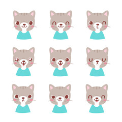 Set of pretty little animal emoji avatars. Cute baby cat emoticon heads with different faces: happy, sad, laugh, cry, funny, angry.  Vector illustration for baby card, poster and invitation.