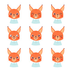Set of pretty little animal emoji avatars. Cute baby squirrel emoticon heads with different faces: happy, sad, laugh, cry, funny, angry.  Vector illustration for baby card, poster and invitation.