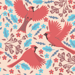 Seamless pattern with red cardinal birds. Vector graphics.