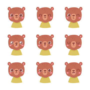 Set of pretty little animal emoji avatars. Cute baby bear emoticon heads with different faces: happy, sad, laugh, cry, funny, angry.  Vector illustration for baby card, poster and invitation.