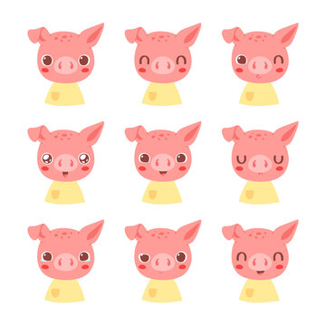 Set of pretty little animal emoji avatars. Cute baby pig emoticon heads with different faces: happy, sad, laugh, cry, funny, angry.  Vector illustration for baby card, poster and invitation.