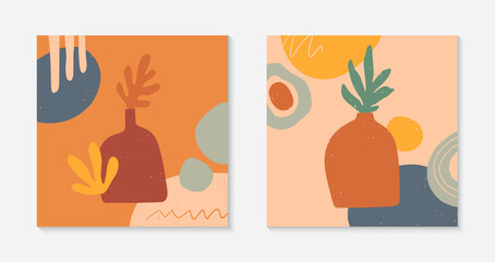 Set of artistic modern vector illustration with vases,leaves,organic shapes,graphic elements.Trendy contemporary design perfect for prints;banners templates;social media,invitations;branding,covers.
