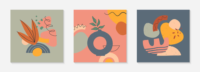 Bundle of art modern vector illustration with vase,leaves,organic shapes and graphic elements.Trendy contemporary design perfect for prints;banners templates;social media,invitations;branding,covers