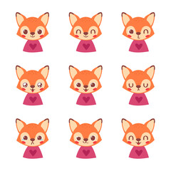 Set of pretty little animal emoji avatars. Cute baby fox emoticon heads with different faces: happy, sad, laugh, cry, funny, angry.  Vector illustration for baby card, poster and invitation.
