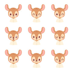 Set of pretty little animal emoji avatars. Cute baby deer emoticon heads with different faces: happy, sad, laugh, cry, funny, angry.  Vector illustration for baby card, poster and invitation.