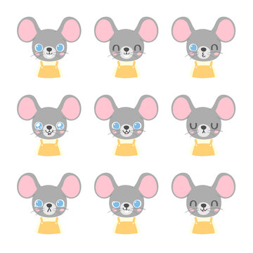 Set of pretty little animal emoji avatars. Cute baby mouse emoticon heads with different faces: happy, sad, laugh, cry, funny, angry.  Vector illustration for baby card, poster and invitation.