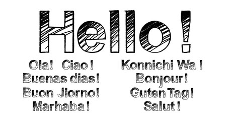 Set of hello brush paint hand drawn lettering on white background. Ola, Ciao, Buenas Dias, Buon Jiorno, Marhaba, Konnichi Wa, Bonjoir, Guten Tag, Salut design templates for greeting cards, posters