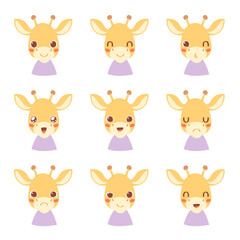 Set of pretty little animal emoji avatars. Cute baby giraffe emoticon heads with different faces: happy, sad, laugh, cry, funny, angry.  Vector illustration for baby card, poster and invitation.