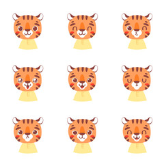 Set of pretty little animal emoji avatars. Cute baby tiger emoticon heads with different faces: happy, sad, laugh, cry, funny, angry.  Vector illustration for baby card, poster and invitation.