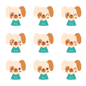 Set of pretty little animal emoji avatars. Cute baby dog emoticon heads with different faces: happy, sad, laugh, cry, funny, angry.  Vector illustration for baby card, poster and invitation.