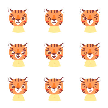 Set of pretty little animal emoji avatars. Cute baby tiger emoticon heads with different faces: happy, sad, laugh, cry, funny, angry.  Vector illustration for baby card, poster and invitation.