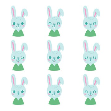 Set of pretty little animal emoji avatars. Cute baby rabbit emoticon heads with different faces: happy, sad, laugh, cry, funny, angry.  Vector illustration for baby card, poster and invitation.