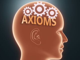 Axioms inside human mind - pictured as word Axioms inside a head with cogwheels to symbolize that Axioms is what people may think about and that it affects their behavior, 3d illustration