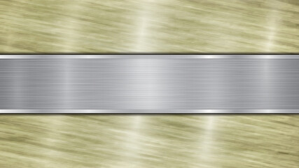 Background consisting of a golden shiny metallic surface and one horizontal polished silver plate located centrally, with a metal texture, glares and burnished edges
