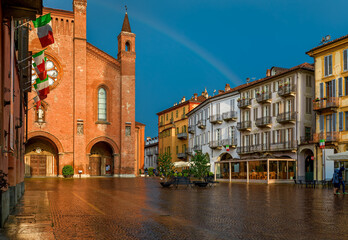 San Lorenzo cathedral on central town square in Alba, Italy.