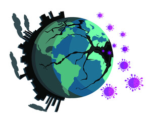 Naklejka premium conceptual illustration of the relationship between the emergence of diseases of global spread and degradation of the environment, vector
