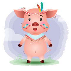 Fototapeta premium a cute pig in a headdress with feathers. Cartoon apache pig. Vector illustration