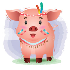a cute pig in a headdress with feathers. Cartoon apache pig. Vector illustration