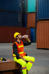 Industrial workers are drinking water in container yards