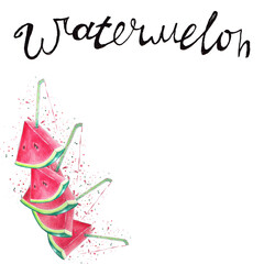 watercolor illustration slice of watermelon with a cocktail straw