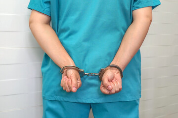 Crime in medicine, surgeon or doctor in blue uniform with handcuffed hands at the back. Criminal medic woman hands locked in handcuffs.