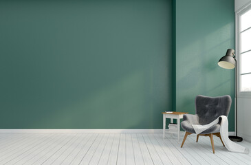 Empty Scandinavian room with armchair and floor lamp, green wall. 3d rendering