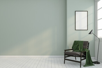 Empty Scandinavian room with armchair and floor lamp, green gray wall. 3d rendering
