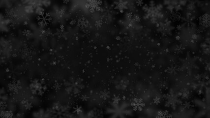 Fototapeta na wymiar Christmas background of snowflakes of different shapes, sizes, blur and transparency in black colors