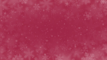 Christmas background of snowflakes of different shapes, sizes, blur and transparency in pink colors