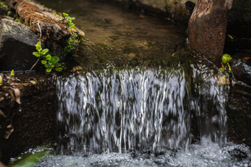 Fototapeta na wymiar Strumyk wodny spadający w dół wśród mchów i roślin