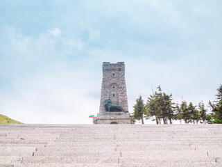 Fototapeta na wymiar Battle of Shipka Memorial. Front view with stairs at summer