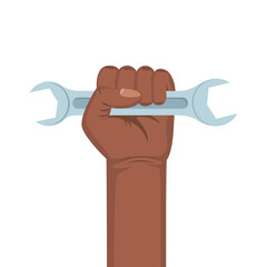 hand with wrench key tool isolated icon