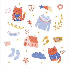 vector set of cute cats, house, socks, headphones, trills and other decorative elements