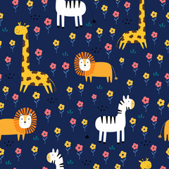 Seamless pattern Lion, giraffe, zebra Cute cartoon animal background on the flower field