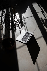 A computer with a black display on the concrete floor in a room at home in the sun and surrounded by house plants. Laptop for work. Mock-up for design project.
