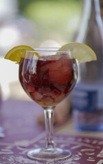 Close up of a glass with wine, sangria, spanish drink