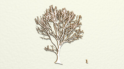 tree on the wall. 3D illustration of metallic sculpture over a white background with mild texture. christmas and beautiful