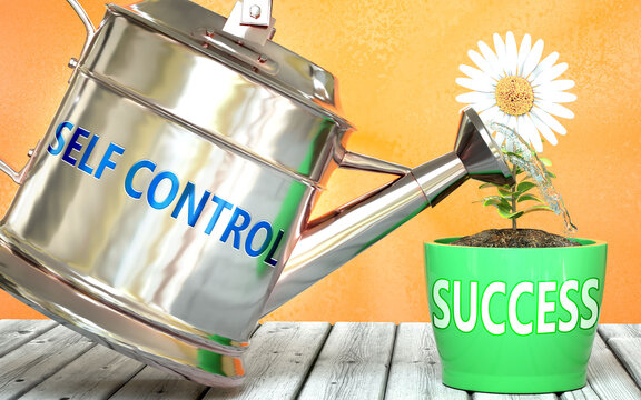 Self control helps achieve success - pictured as word Self control on a watering can to show that it makes success to grow and it is essential for profit in life, 3d illustration