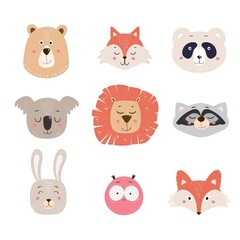 Cute cartoon animals for baby cards and baby shower invitations panda, fox, owl, koala, lion, bunny, raccoon, bear. Vector illustration