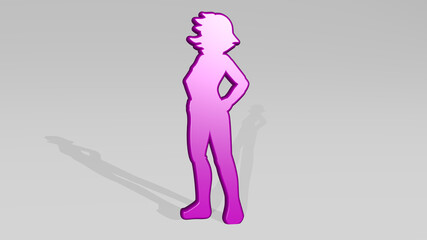 GIRL made by 3D illustration of a shiny metallic sculpture with the shadow on light background. beautiful and woman
