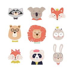 Cute cartoon animals for baby cards and baby shower invitations panda, fox, owl, koala, lion, bunny, raccoon, bear. Vector illustration