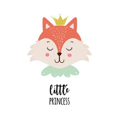 Cute cartoon little girl fox with crown. Vector illustration for print or baby shower invitations.
