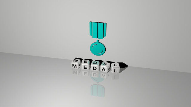 3D graphical image of MEDAL vertically along with text built by metallic cubic letters from the top perspective, excellent for the concept presentation and slideshows. illustration and award
