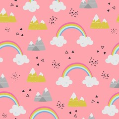 Seamless vector pattern with cute cartoon rainbow, clouds, mountains. Illustration for fashion fabrics, textile graphics, prints.