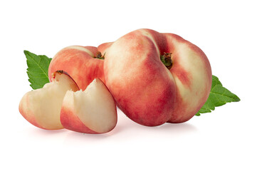 Donut peaches with leaf isolated on white with clipping path.