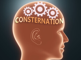 Consternation inside human mind - pictured as word Consternation inside a head with cogwheels to symbolize that Consternation is what people may think about, 3d illustration