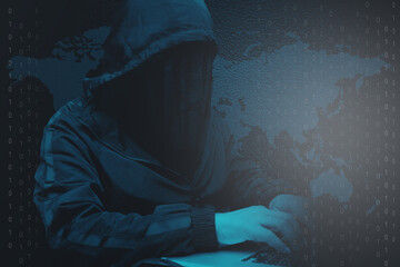 Hacker computer binary code system use laptop on world maps background.